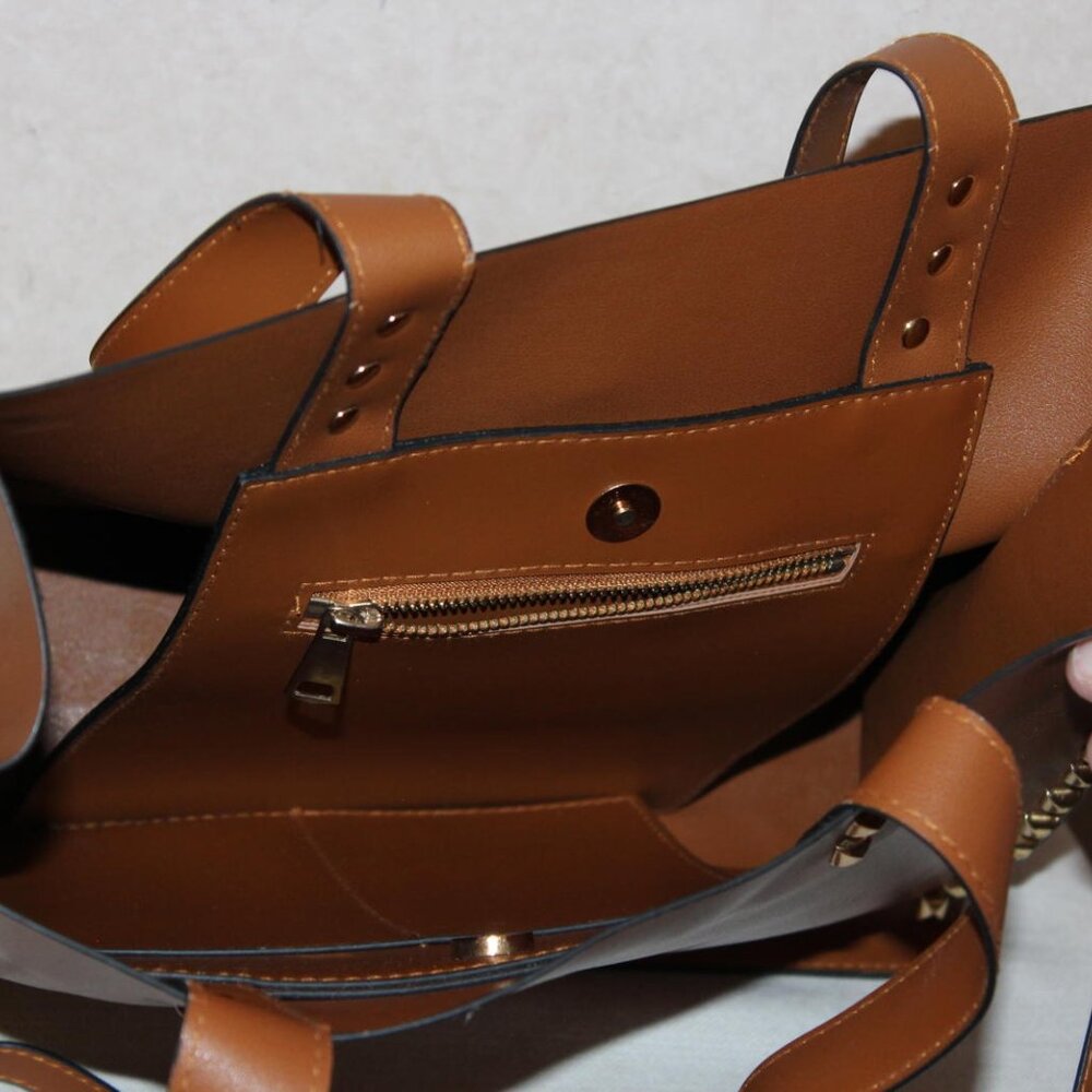 NEW Dasti Brown Cognac Studded Double Handled Tote Purse with Dust Bag - Picture 3 of 4